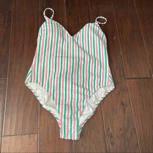 J Crew Pink & Green Stripe One Piece Swimsuit seersucker size 4